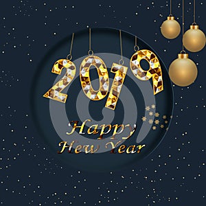Happy New Year 2019 winter holiday greeting card design template. Party poster, banner or invitation gold glittering stars