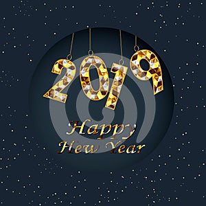 Happy New Year 2019 winter holiday greeting card design template. Party poster, banner or invitation gold glittering stars