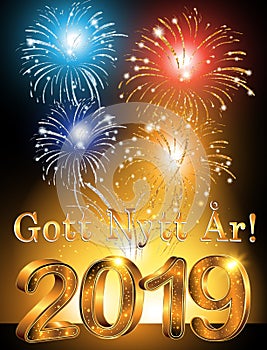 Happy New Year 2019 written in Swedish season`s greeting card