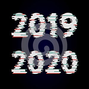 Happy New Year 2020 2019 Text Design glitch, Vector illustration