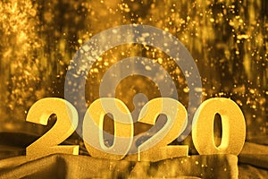 Happy New year 2020 3D text with glitter golden yellow color