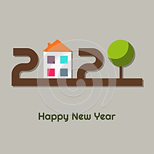 Happy New Year 2020 Abstract Real Estate Greeting Card With Colorful House And Tree. Go Green Concept