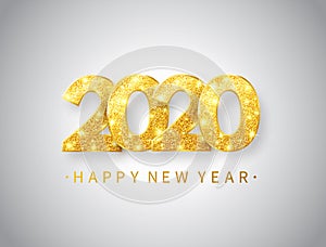 Happy New Year 2020 background with gold glitter, sparkles and stars. Glitter golden numbers. Happy holiday banner