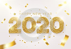 Happy new year 2020 background. Vector realistic illustration with golden glitter text on a background with conffeti falling.
