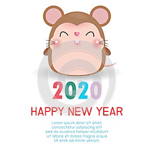 Happy New Year 2020. Chinese New Year. The year of the rat. Happy New Year greeting card with cute rat, background illustration