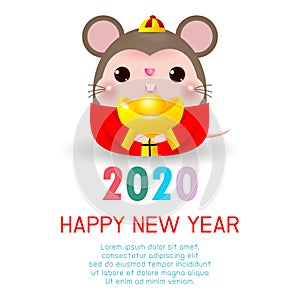 Happy New Year 2020. Chinese New Year. The year of the rat. Happy New Year greeting card with cute rat, background illustration