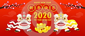 Happy New Year 2020. Chinese New Year. The year of the rat. poster design with lion dance greeting card red color isolated