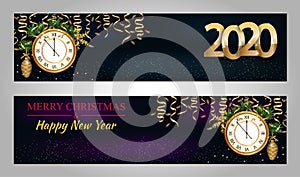 Happy New Year 2020 and Christmas backgrounds with clock, Christmas tree decorations, holly berries, golden snowflakes and ribbons