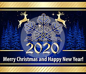 Happy New Year 2020 - classic greeting card with blue and golden background