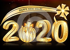 Happy New Year 2020 - classic greeting card with golden text on a  brown background