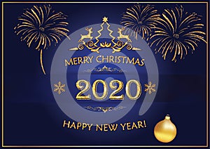 Happy New Year 2020 - classic greeting card with golden text and decorations on a blue background