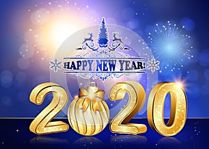 Happy New Year 2020 - classic greeting card with golden text on a light blue background