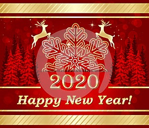 Happy New Year 2020 - classic greeting card with red and golden background