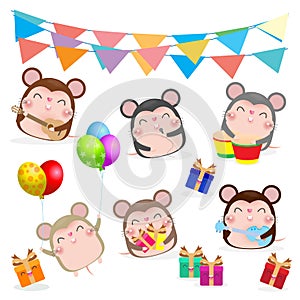 Happy new year 2020 with cute little mouse play musical and dance. Rat zodiac. Merry Christmas of the Rat Isolated