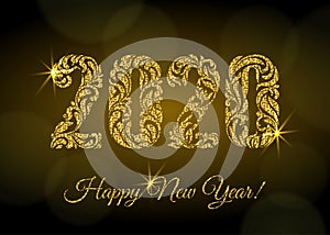 Happy New Year 2020. The figures from a floral ornament with golden glitter and sparks on a dark background with bokeh.