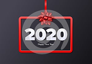 Happy New Year 2020 gift card. Snow numbers, red frame and tied bow on dark background. Celebration decor. Vector
