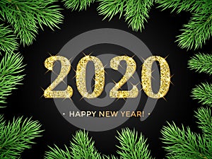 Happy New Year of 2020 glitter gold in Christmas tree frame on black background. Vector golden glittering text