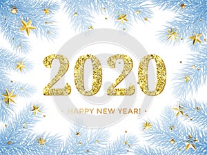 Happy New Year 2020 glitter gold in Christmas tree frame with golden stars confetti. Vector blue frost with glittering text