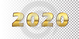 Happy New Year 2020. Gold 3D number isolated white transparent background. Bright golden design greeting card, Christmas