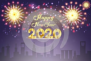 Happy new year 2020 with gold beautiful fireworks