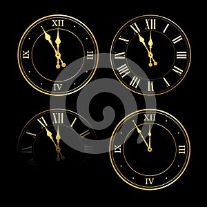 Happy New year 2020. Gold clock, arrows, isolated on black background. Golden design holiday banner, Christmas