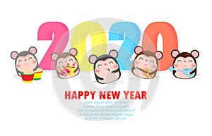 Happy new year 2020 greeting card with cute little mouse play musical and dance. Merry Christmas Symbol, flyers, posters, banners