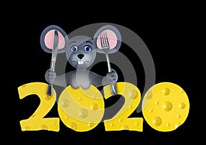 Happy new year 2020 greeting card with cute mouses and cheeses isolated on black. Animal wildlife holidays cartoon