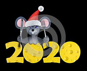 Happy new year 2020 greeting card with cute mouses and cheeses isolated on black. Animal wildlife holidays cartoon