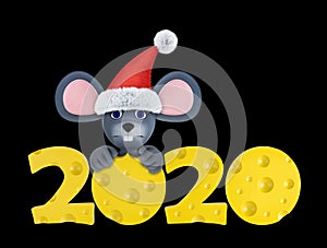 Happy new year 2020 greeting card with cute mouses and cheeses isolated on black. Animal wildlife holidays cartoon