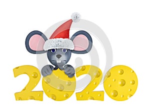 Happy new year 2020 greeting card with cute mouses and cheeses isolated on white. Animal wildlife holidays cartoon