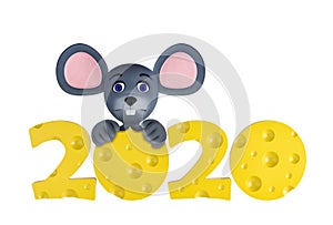 Happy new year 2020 greeting card with cute mouses and cheeses isolated on white. Animal wildlife holidays cartoon