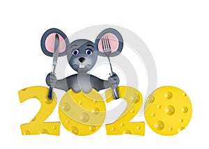 Happy new year 2020 greeting card with cute mouses and cheeses isolated on white. Animal wildlife holidays cartoon