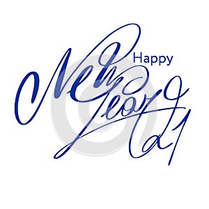 Happy New Year 2020. Handwritten blue letters on a white background. Vector illustration