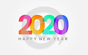 Happy New Year 2020. Holiday banner on white backdrop. Color gradient numbers and congratulation text. Minimal design