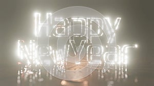 Happy New year 2020. The inscription Happy New Year is lit with bright warm blue neon light and shimmers, against confetti