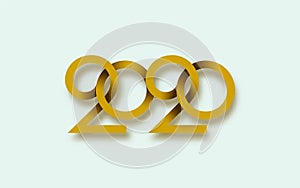 Happy New Year 2020. The inscription is made of curved gold ribbons. Golden numbers with ribbons and confetti on a dark