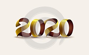 Happy New Year 2020. The inscription is made of curved gold ribbons. Golden numbers with ribbons and confetti on a dark