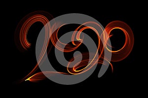 Happy new year 2020 isolated numbers lettering written with fire flame or smoke on black background