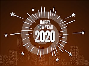 Happy New Year 2020 letter modern style in brown background with building and splashing fireworks for celebrating new year moments