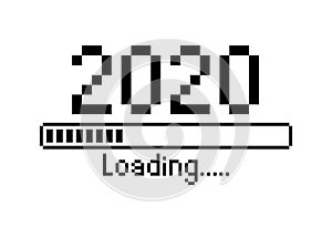 Happy new year 2020 with loading icon pixel art bitmap style. Progress bar almost reaching new year`s eve. Vector flat design