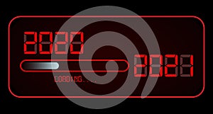 Happy new year 2020 with loading to up 2021. Red led neon digital time style. Progress bar almost reaching new year`s eve. Vector