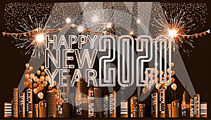 Happy New Year 2020 logo text with Building in the city, Fireworks, balloon, - à¸ºBackground Golden Vector illustration.