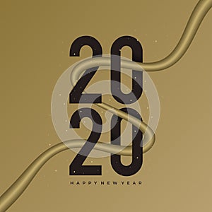 Happy New Year 2020 logo text design. Cover of business diary for 2020 with wishes. Gold color ink splash decorated on text.