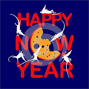 Happy New Year 2020. Mouse silhouette. Mice have fun around the cheese. The mouse is a symbol of the Chinese New Year. Logo for