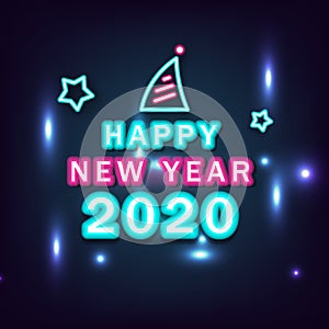 Happy New Year, 2020, neon light with stars shiny, technology background vector illustration