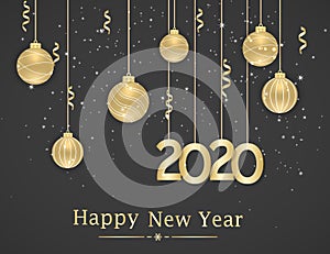 Happy New Year 2020. New Year background with golden hanging balls and ribbons. Text, design element.
