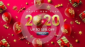 Happy New year 2020 Promotion Poster or banner with red balloons,gift box,golden ribbon and confetti.Promotion or shopping