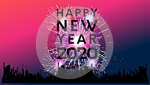 Happy new year 2020 text black - Fireworks Golden - Building In The City- vector illustration.