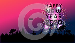 Happy new year 2020 text black - Fireworks Golden - Building In The City- vector illustration.