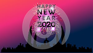 Happy new year 2020 text black - Fireworks Golden - Building In The City- vector illustration.